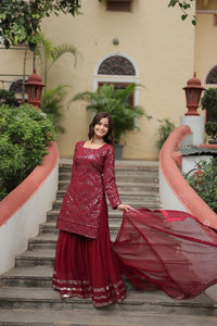Thumbnail for Aastha Fashion Maroon Faux Georgette Sequins & thread Embroidered work Party Wear Designer Suit