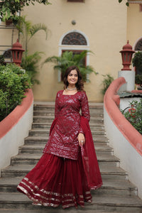 Thumbnail for Aastha Fashion Maroon Faux Georgette Sequins & thread Embroidered work Party Wear Designer Suit