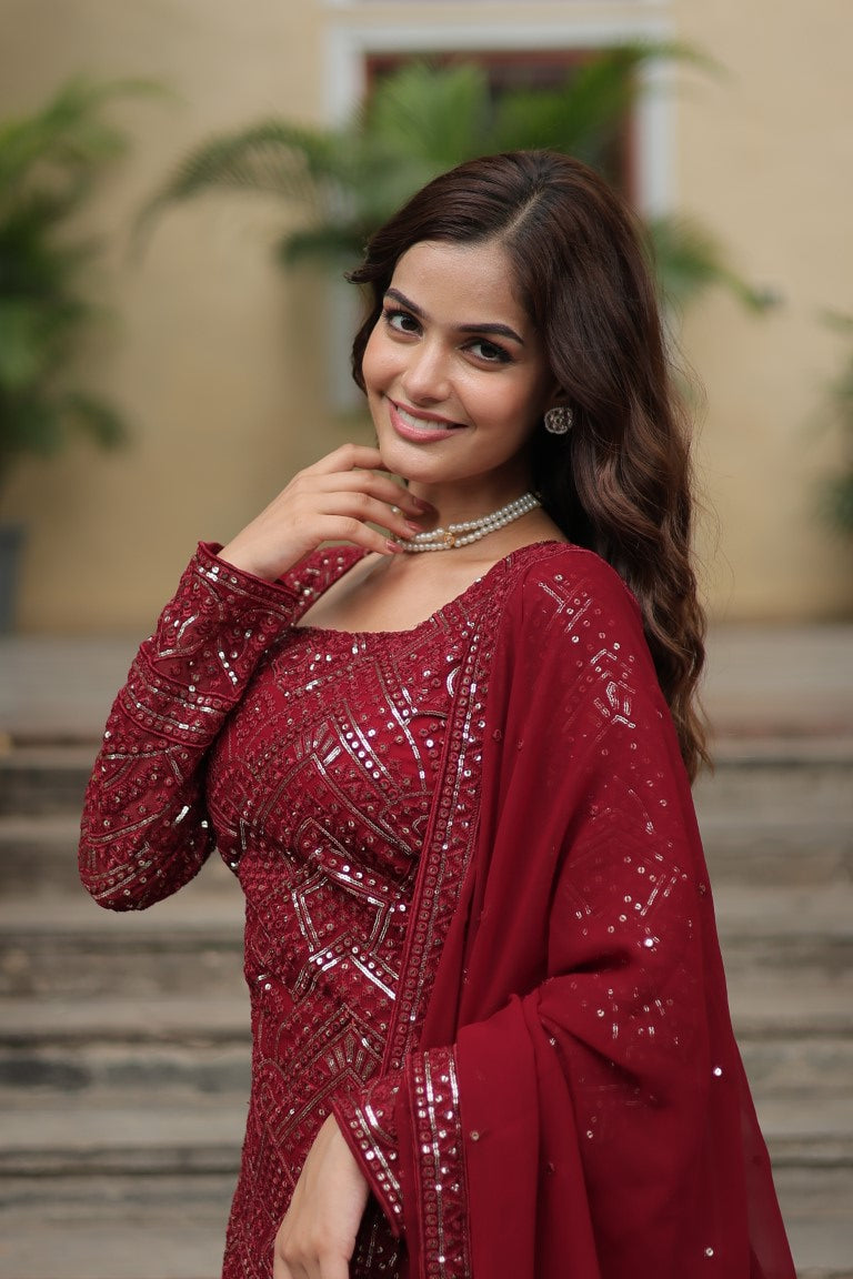 Aastha Fashion Maroon Faux Georgette Sequins & thread Embroidered work Party Wear Designer Suit