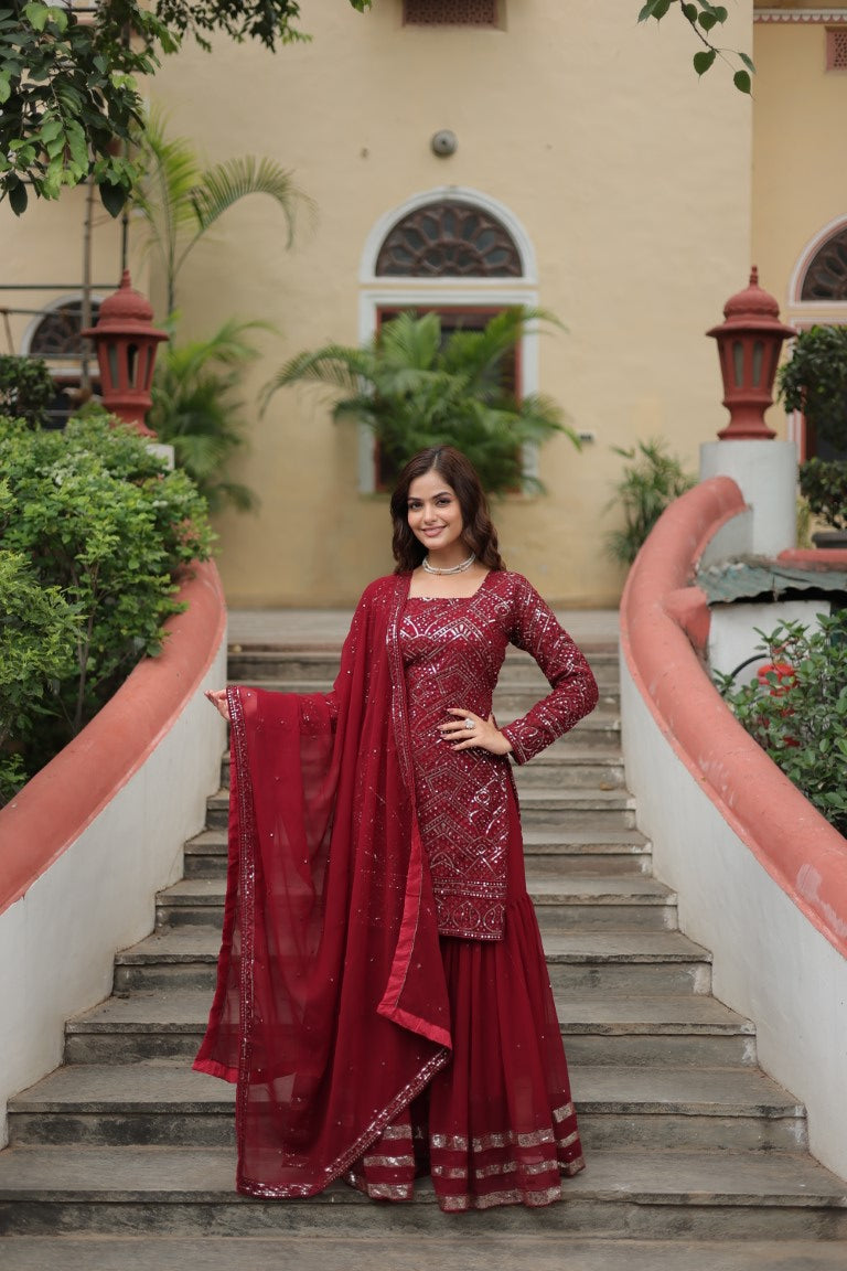 Aastha Fashion Maroon Faux Georgette Sequins & thread Embroidered work Party Wear Designer Suit