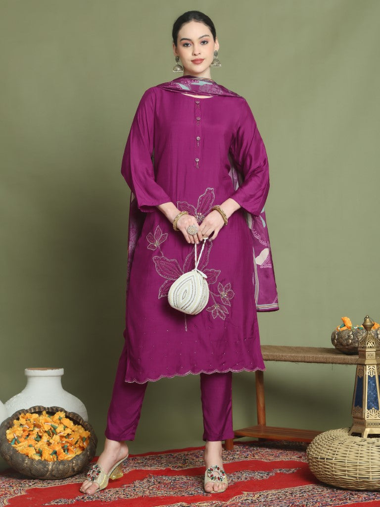 Aastha Fashion Magenta Muslin Designer Floral Embroidery With Jari & Sequin Work Stitched Salwar Suit