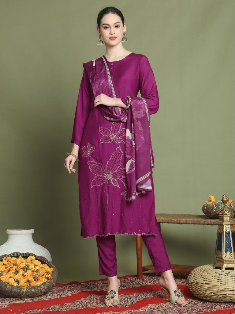 Aastha Fashion Magenta Muslin Designer Floral Embroidery With Jari & Sequin Work Stitched Salwar Suit