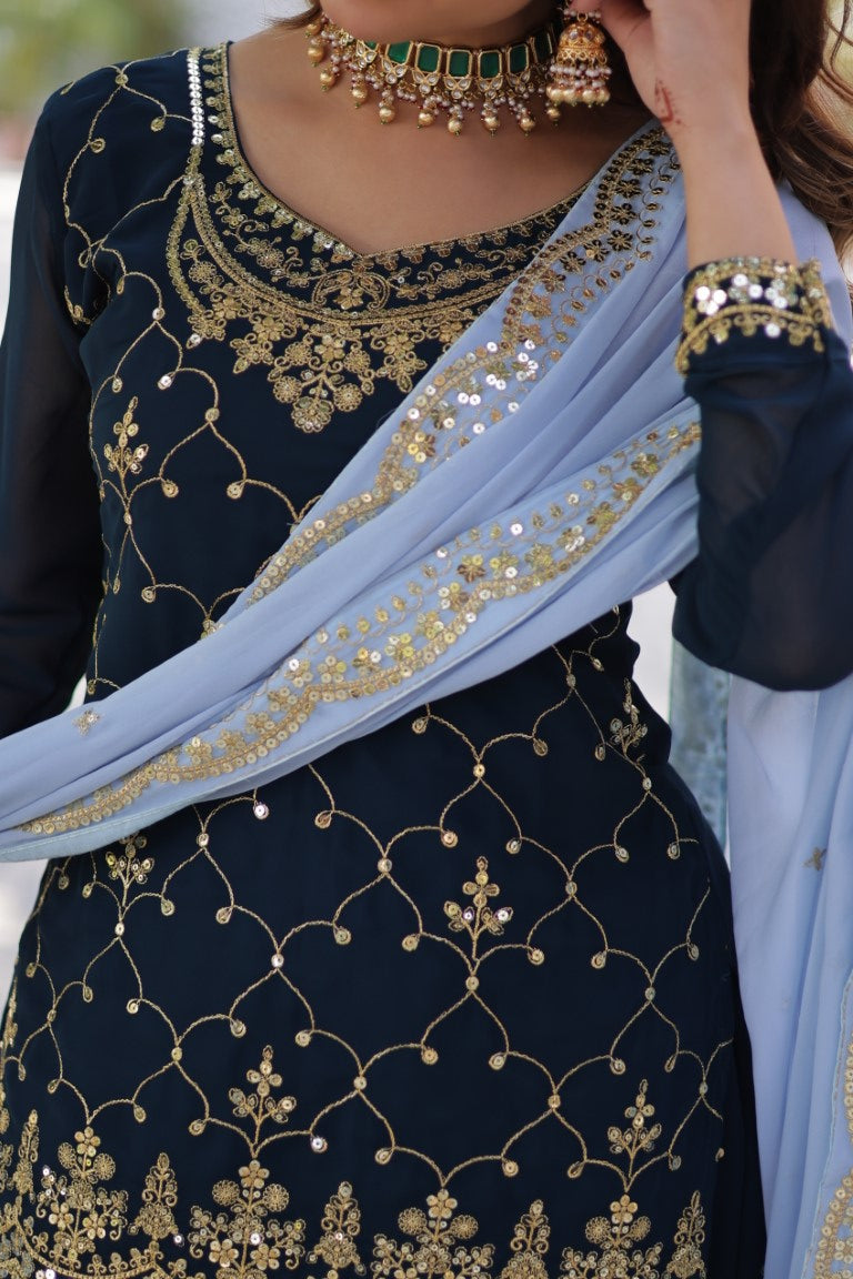 Aastha Fashion Blue Faux Blooming Sequins Embroidered Festival Wear Suit