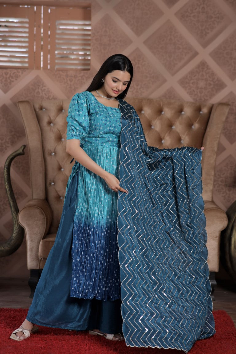 Aastha Fashion Rama Maslin crochet digital Print on top & Chinnon Floral print with Crush Pleating Party Wear Designer Gown