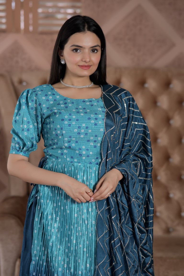 Aastha Fashion Rama Maslin crochet digital Print on top & Chinnon Floral print with Crush Pleating Party Wear Designer Gown