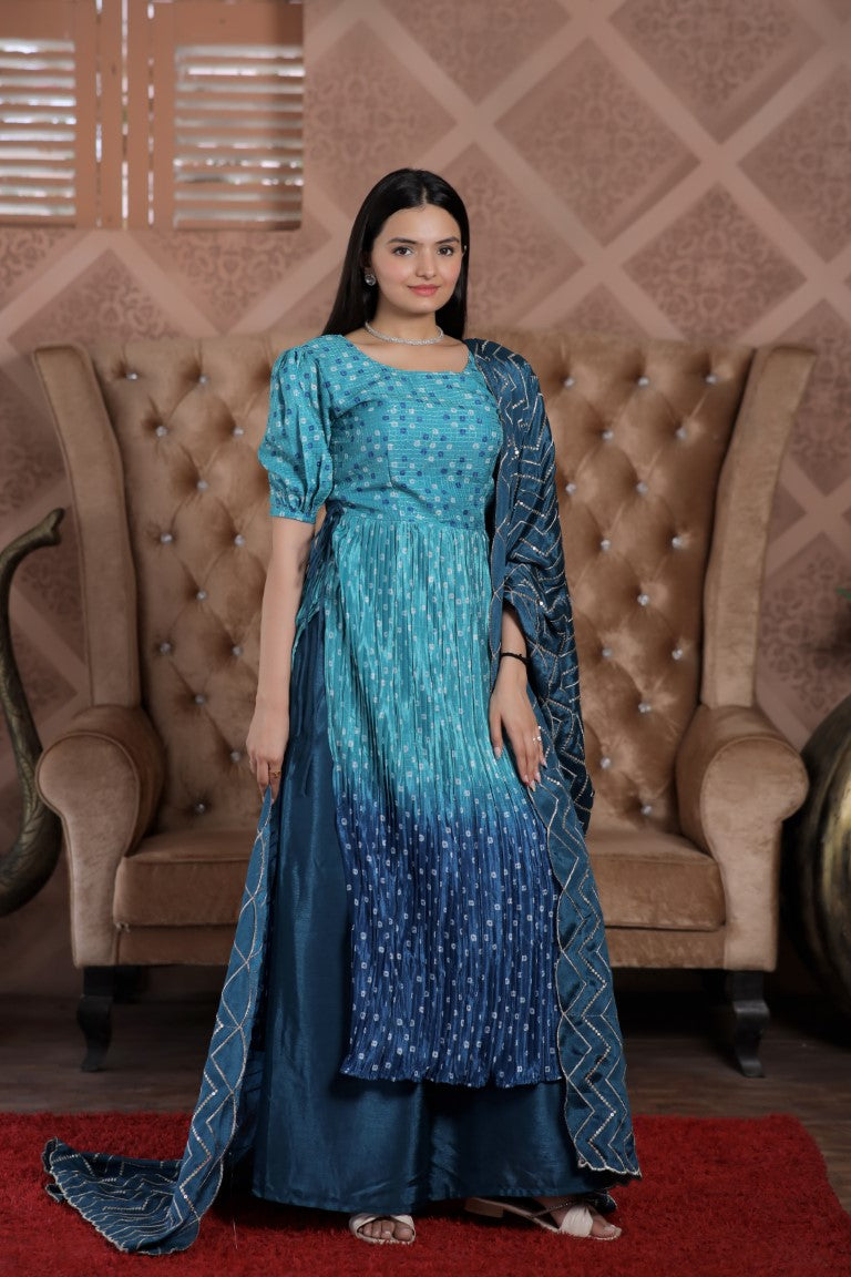 Aastha Fashion Rama Maslin crochet digital Print on top & Chinnon Floral print with Crush Pleating Party Wear Designer Gown