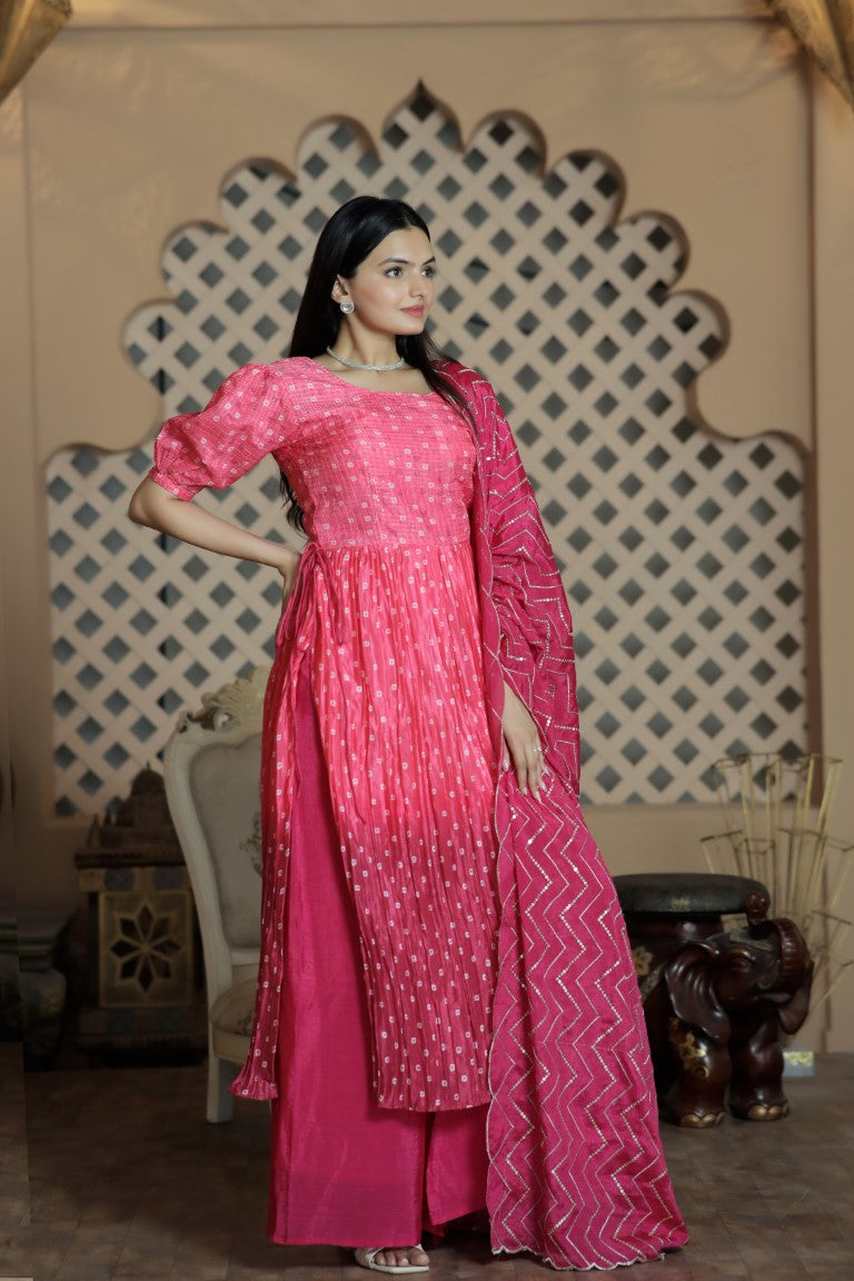 Aastha Fashion Pink Maslin crochet digital Print on top & Chinnon Floral print with Crush Pleating Party Wear Designer Gown