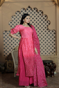 Thumbnail for Aastha Fashion Pink Maslin crochet digital Print on top & Chinnon Floral print with Crush Pleating Party Wear Designer Gown