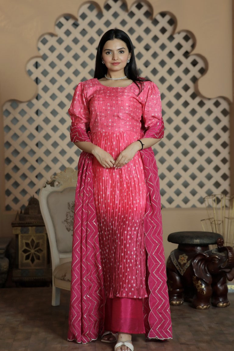 Aastha Fashion Pink Maslin crochet digital Print on top & Chinnon Floral print with Crush Pleating Party Wear Designer Gown