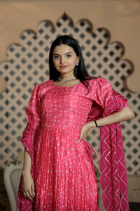 Thumbnail for Aastha Fashion Pink Maslin crochet digital Print on top & Chinnon Floral print with Crush Pleating Party Wear Designer Gown