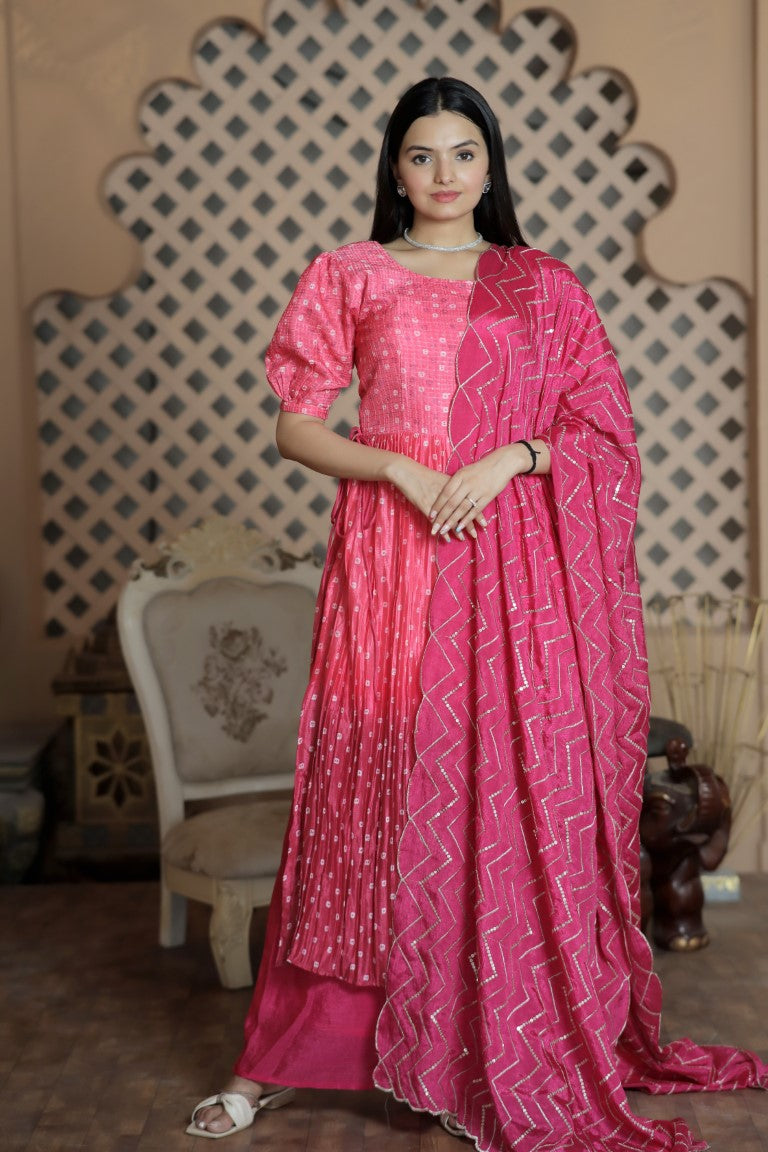 Aastha Fashion Pink Maslin crochet digital Print on top & Chinnon Floral print with Crush Pleating Party Wear Designer Gown