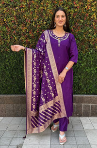 Thumbnail for Aastha Fashion Purple Roman Silk Hand Work Festival Wear Suit
