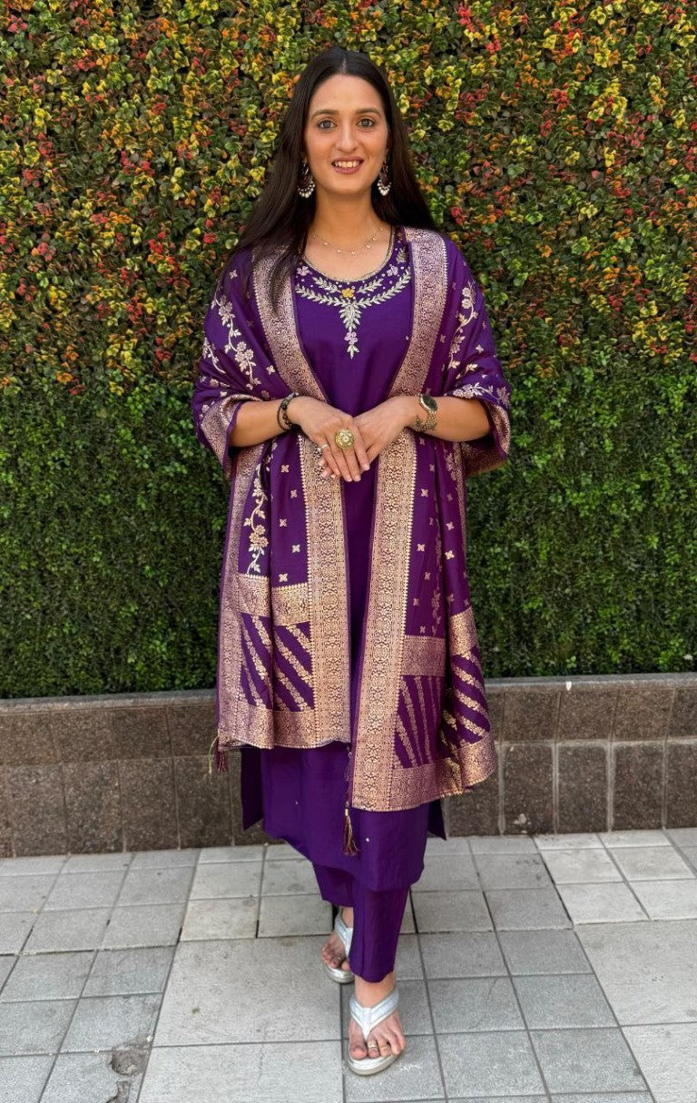 Aastha Fashion Purple Roman Silk Hand Work Festival Wear Suit