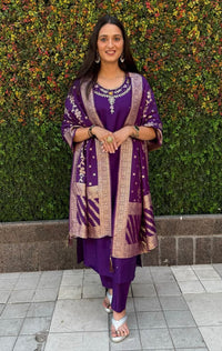 Thumbnail for Aastha Fashion Purple Roman Silk Hand Work Festival Wear Suit