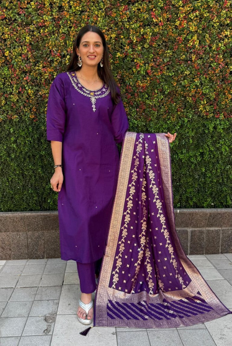 Aastha Fashion Purple Roman Silk Hand Work Festival Wear Suit