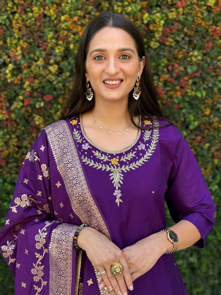Aastha Fashion Purple Roman Silk Hand Work Festival Wear Suit