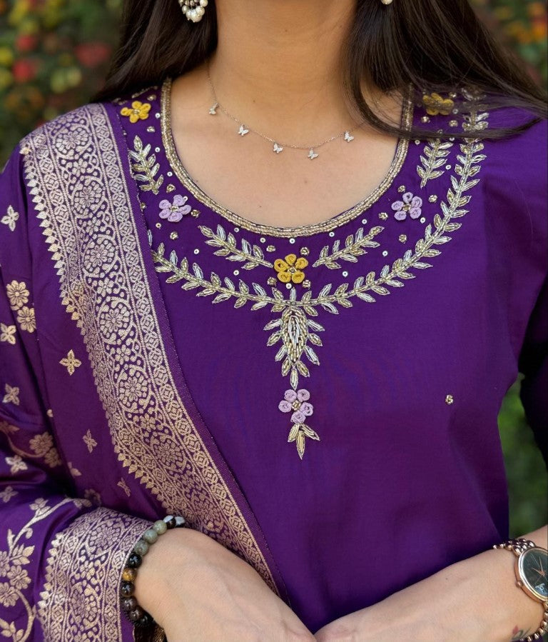 Aastha Fashion Purple Roman Silk Hand Work Festival Wear Suit