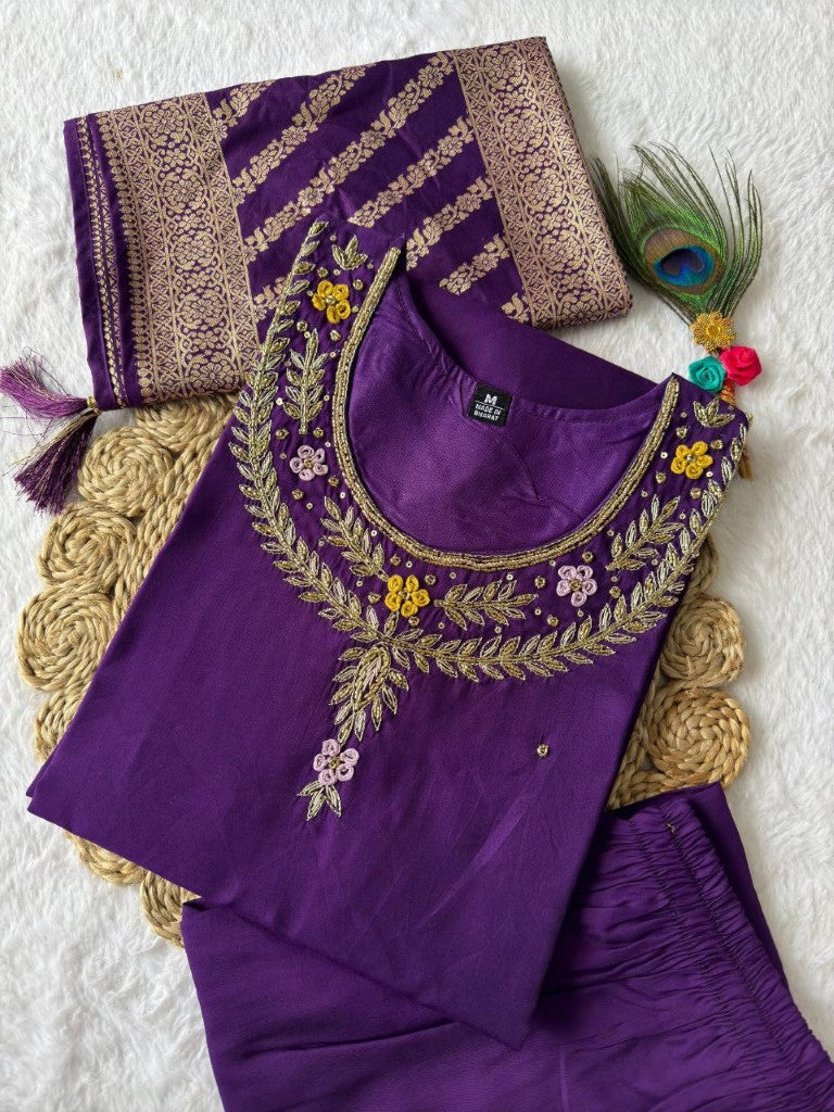 Aastha Fashion Purple Roman Silk Hand Work Festival Wear Suit