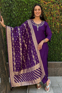 Thumbnail for Aastha Fashion Purple Roman Silk Hand Work Festival Wear Suit