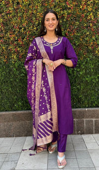 Thumbnail for Aastha Fashion Purple Roman Silk Hand Work Festival Wear Suit