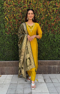 Thumbnail for Aastha Fashion Yellow Roman Silk Hand Work Festival Wear Suit