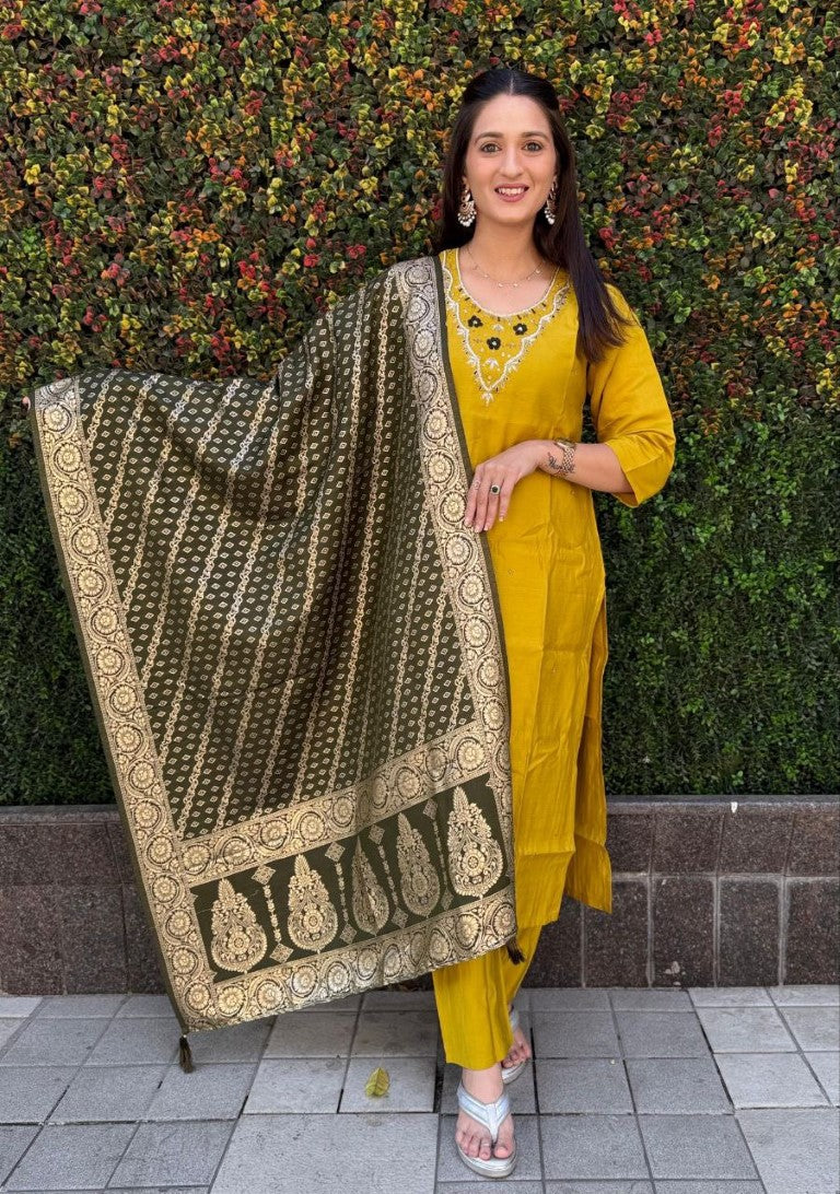Aastha Fashion Yellow Roman Silk Hand Work Festival Wear Suit