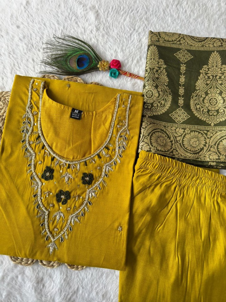 Aastha Fashion Yellow Roman Silk Hand Work Festival Wear Suit