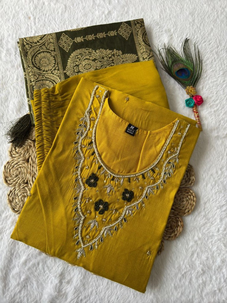Aastha Fashion Yellow Roman Silk Hand Work Festival Wear Suit