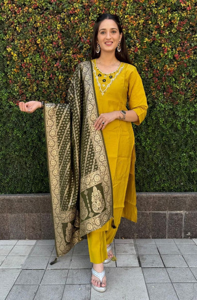 Aastha Fashion Yellow Roman Silk Hand Work Festival Wear Suit