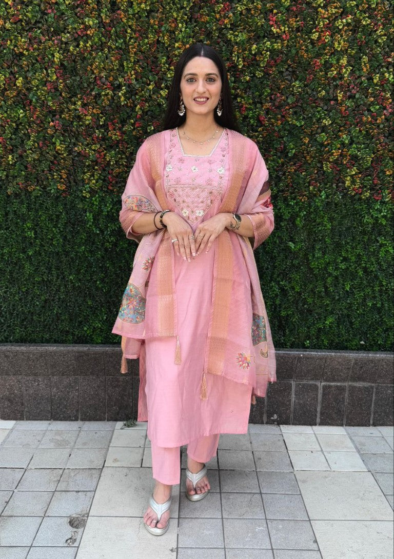 Aastha Fashion Light Pink Roman Silk Hand Work Festival Wear Suit