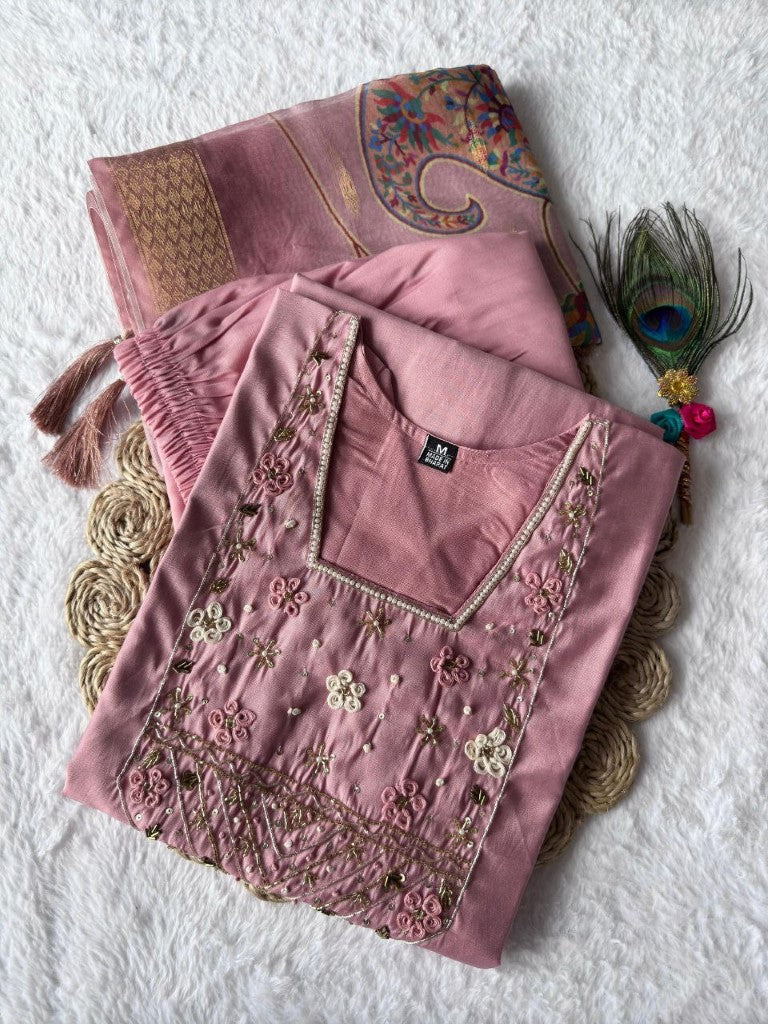 Aastha Fashion Light Pink Roman Silk Hand Work Festival Wear Suit