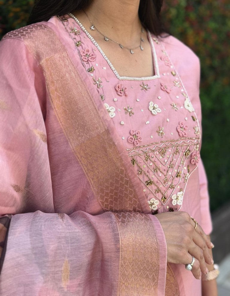 Aastha Fashion Light Pink Roman Silk Hand Work Festival Wear Suit