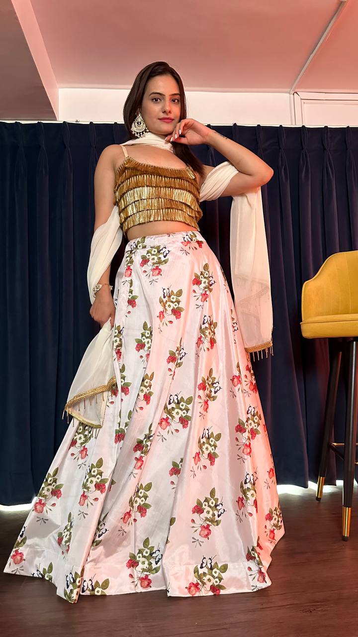 Aastha Fashion White Tapeta Silk Digital Print Semi Stitched Lehenga Choli