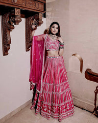 Thumbnail for Aastha Fashion Pink Heavy Slub Silk Thread & Paper Mirror Work Semi Stitched Lehenga Choli