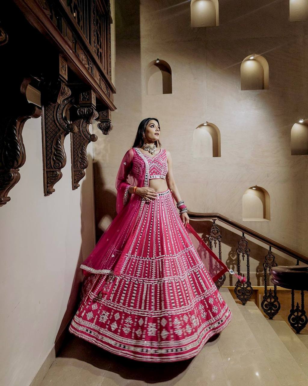 Aastha Fashion Pink Heavy Slub Silk Thread & Paper Mirror Work Semi Stitched Lehenga Choli