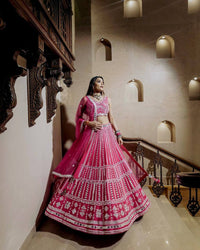 Thumbnail for Aastha Fashion Pink Heavy Slub Silk Thread & Paper Mirror Work Semi Stitched Lehenga Choli