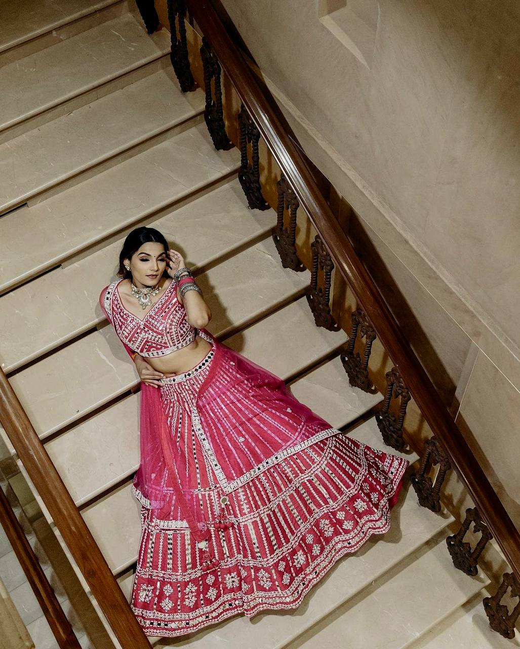 Aastha Fashion Pink Heavy Slub Silk Thread & Paper Mirror Work Semi Stitched Lehenga Choli