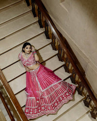 Thumbnail for Aastha Fashion Pink Heavy Slub Silk Thread & Paper Mirror Work Semi Stitched Lehenga Choli