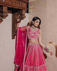Thumbnail for Aastha Fashion Pink Heavy Slub Silk Thread & Paper Mirror Work Semi Stitched Lehenga Choli