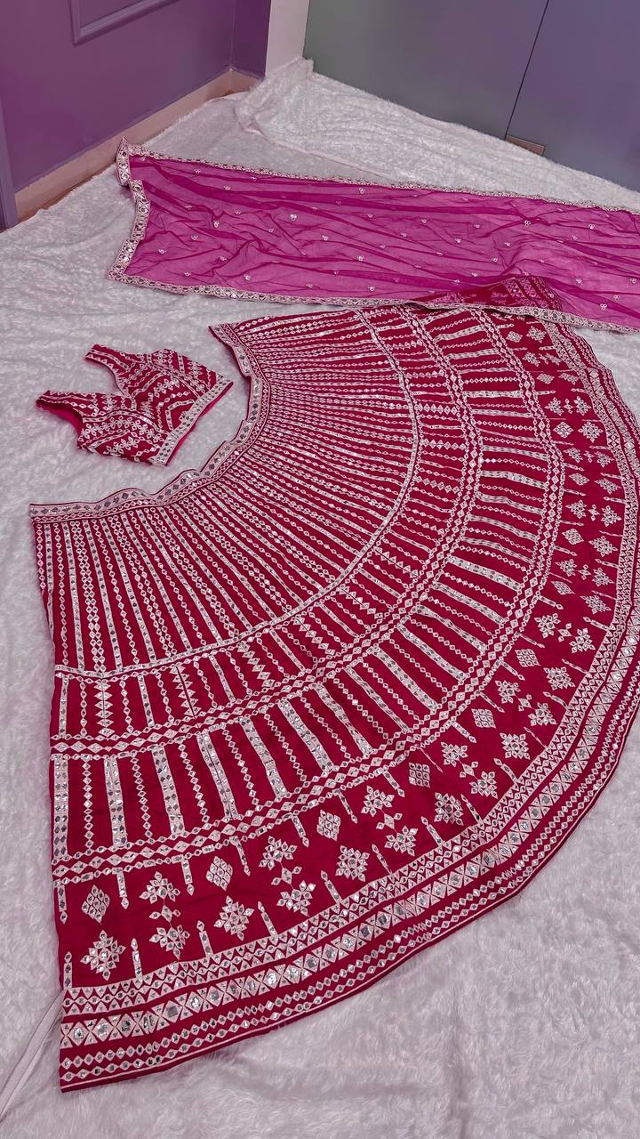 Aastha Fashion Pink Heavy Slub Silk Thread & Paper Mirror Work Semi Stitched Lehenga Choli
