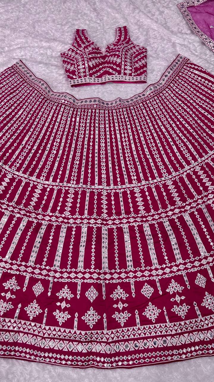 Aastha Fashion Pink Heavy Slub Silk Thread & Paper Mirror Work Semi Stitched Lehenga Choli