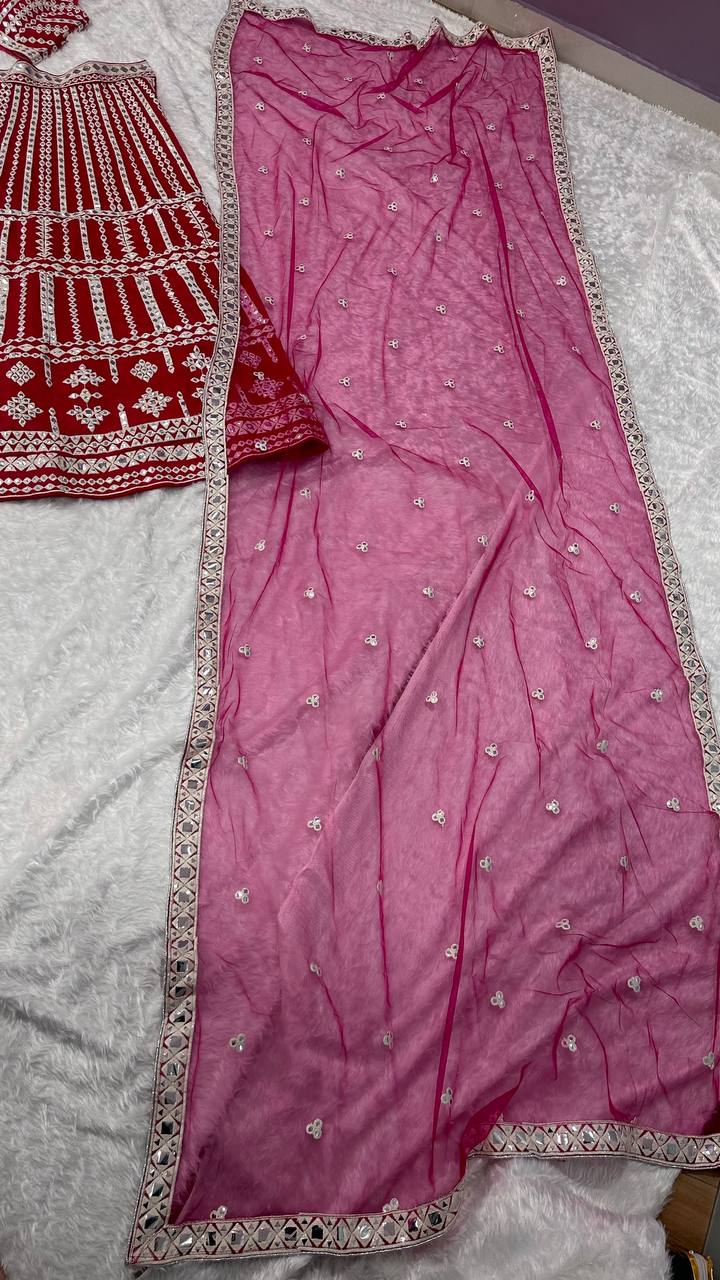 Aastha Fashion Pink Heavy Slub Silk Thread & Paper Mirror Work Semi Stitched Lehenga Choli
