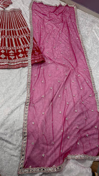 Thumbnail for Aastha Fashion Pink Heavy Slub Silk Thread & Paper Mirror Work Semi Stitched Lehenga Choli