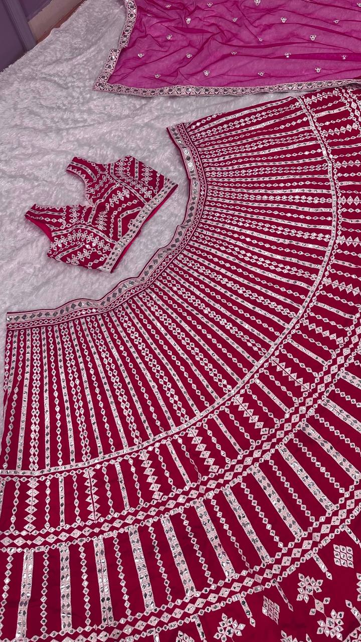 Aastha Fashion Pink Heavy Slub Silk Thread & Paper Mirror Work Semi Stitched Lehenga Choli
