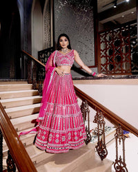 Thumbnail for Aastha Fashion Pink Heavy Slub Silk Thread & Paper Mirror Work Semi Stitched Lehenga Choli