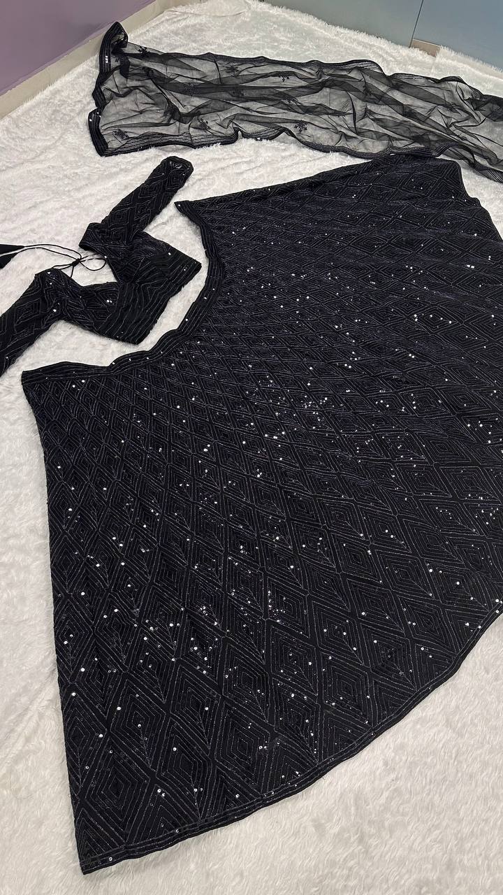 Aastha Fashion Black Georgette Sequins & Dori Work Semi Stitched Lehenga Choli