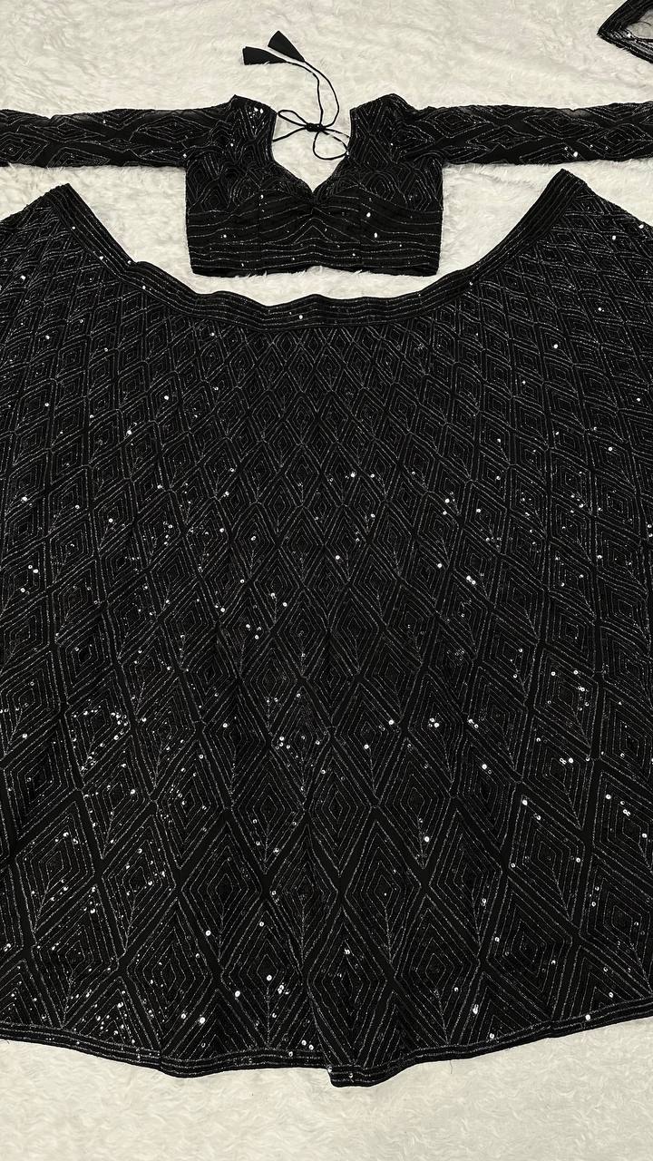 Aastha Fashion Black Georgette Sequins & Dori Work Semi Stitched Lehenga Choli