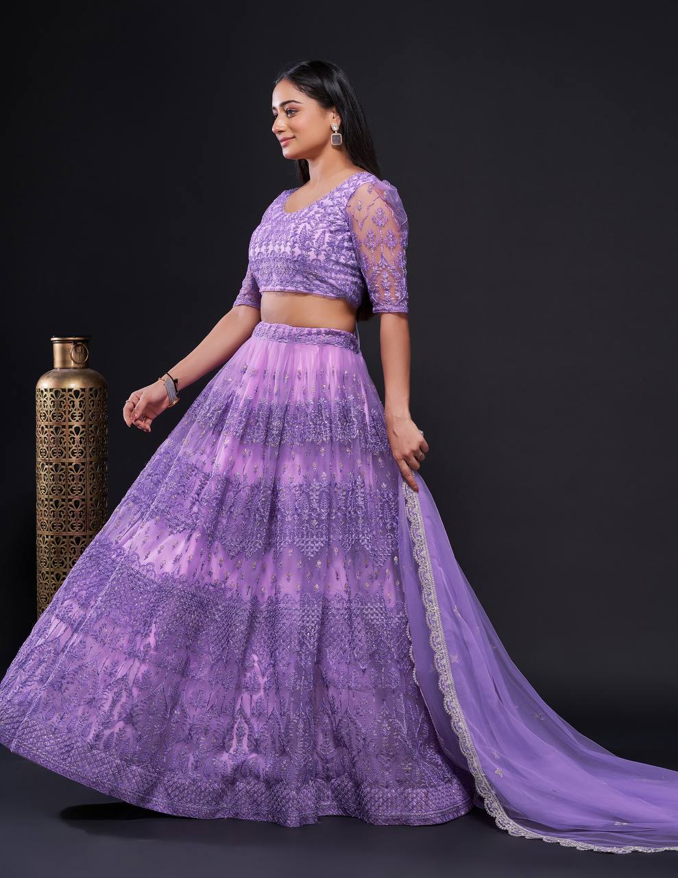 Aastha Fashion Lavender Net Thread , Zari & Sequence Work Semi Stitched Lehenga Choli