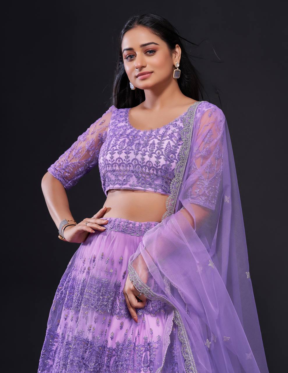 Aastha Fashion Lavender Net Thread , Zari & Sequence Work Semi Stitched Lehenga Choli