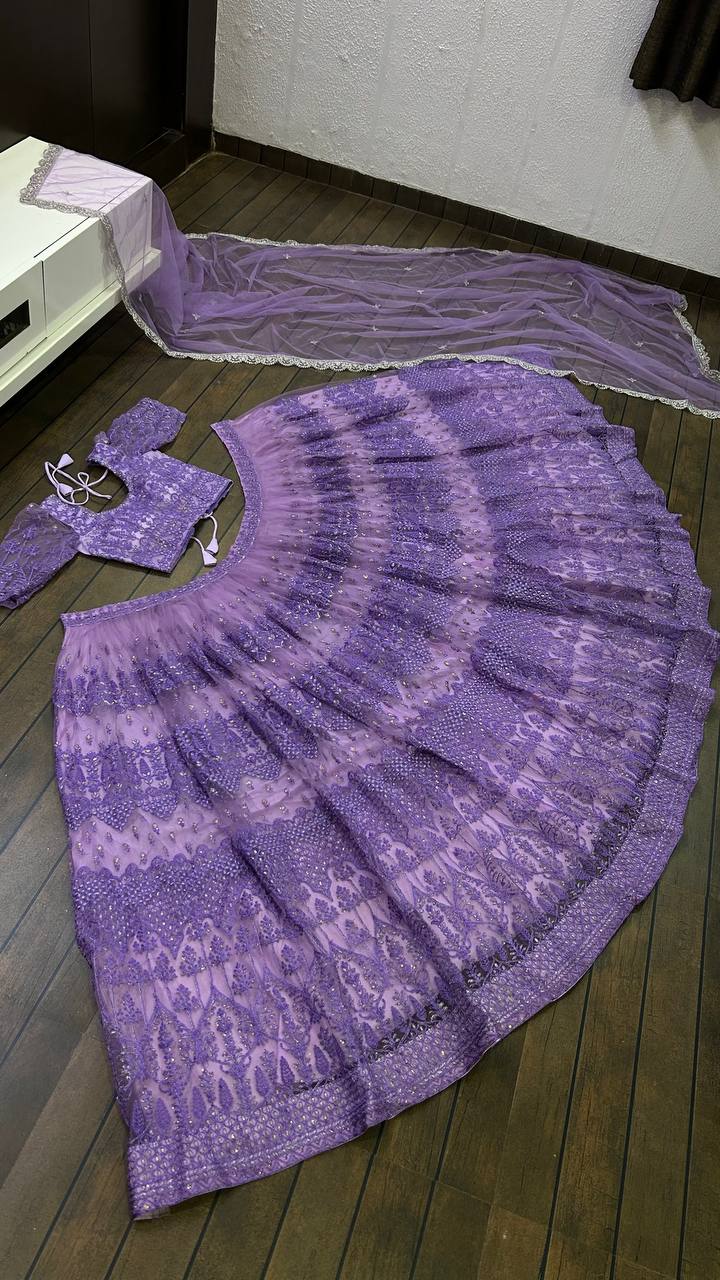 Aastha Fashion Lavender Net Thread , Zari & Sequence Work Semi Stitched Lehenga Choli